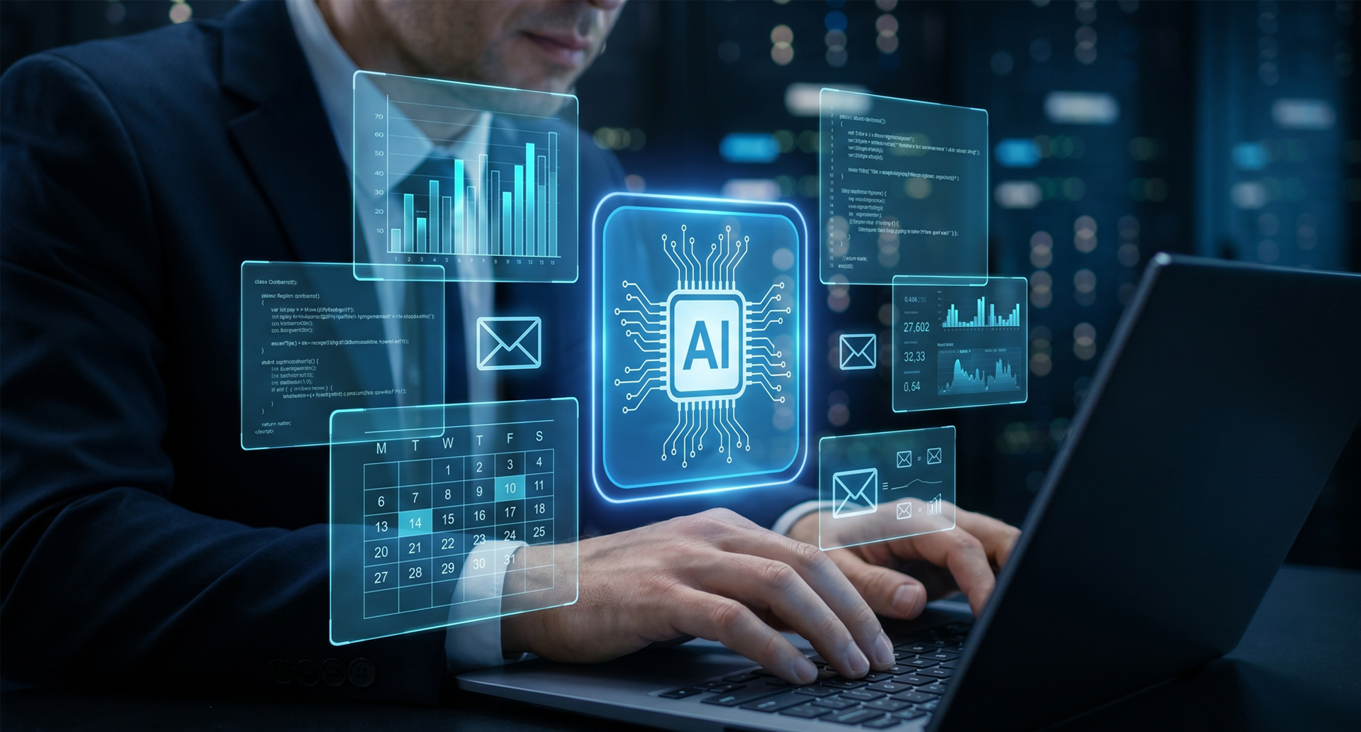 AI Agents enterprise in azienda – analisi dashboard intelligenza artificiale in ufficio professionale