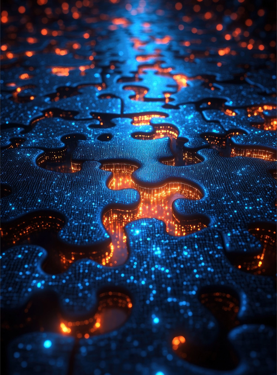 Integrazione di Sistema & Connessioni Rappresentazione astratta di un puzzle digitale con connessioni luminose blu e arancioni, simbolo di integrazione sistemi e metodo operativo Alen3