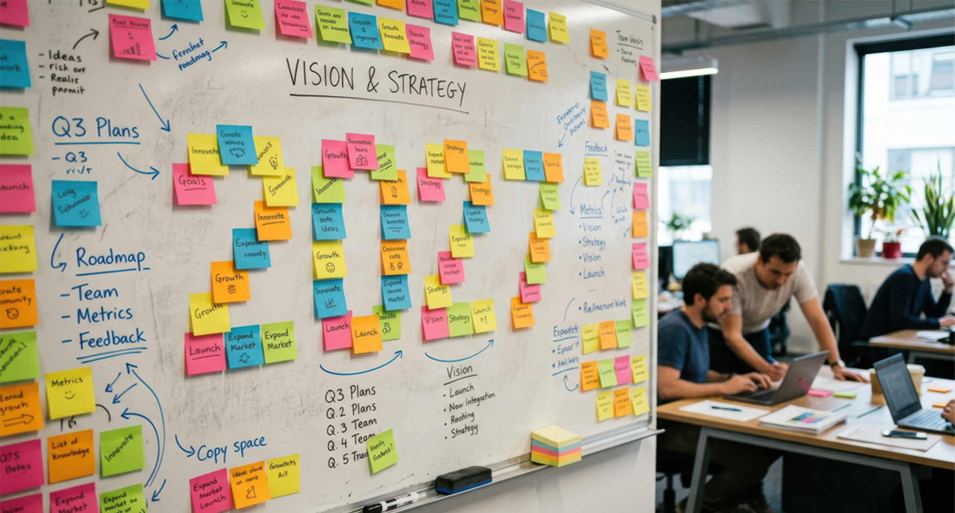 Team aziendale che lavora su lavagna Vision e Strategy con roadmap e milestone per scalare progetti in produzione