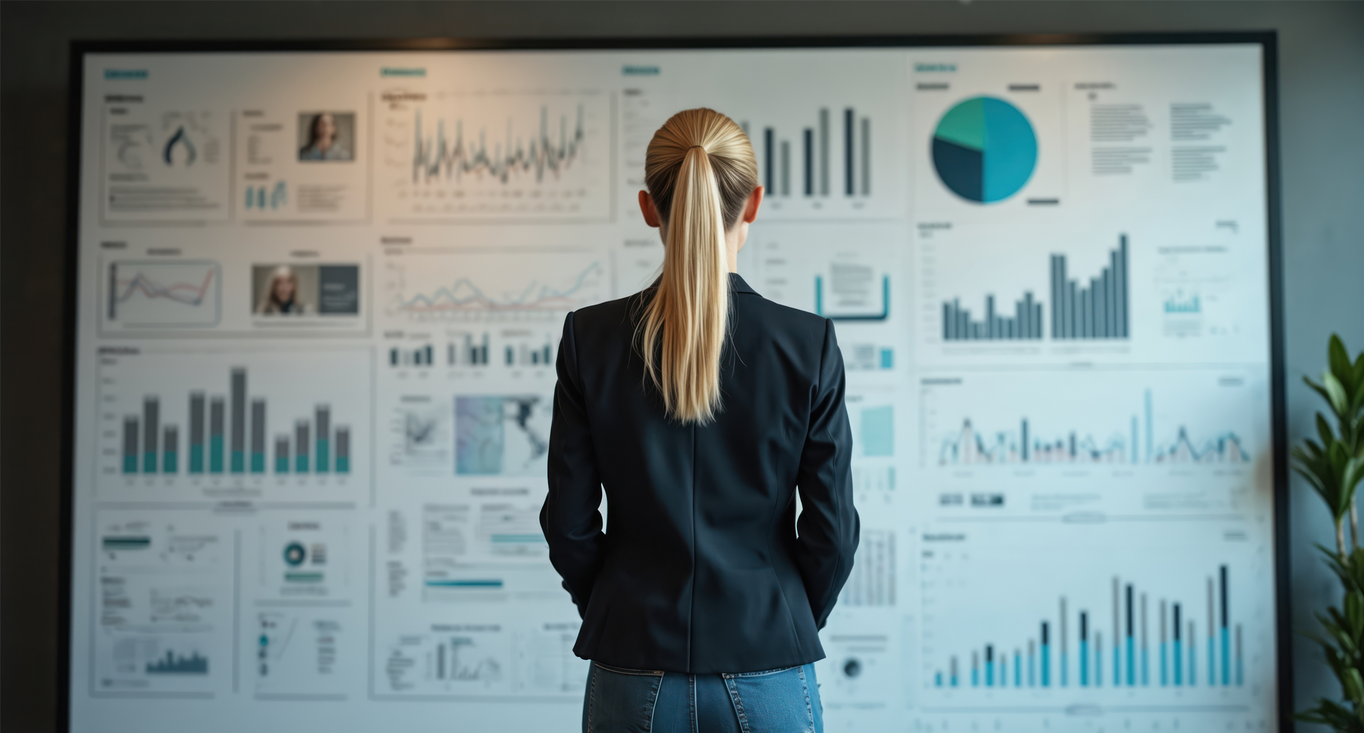 Manager aziendale di spalle che analizza dashboard con KPI e grafici di performance su grande schermo in ufficio moderno