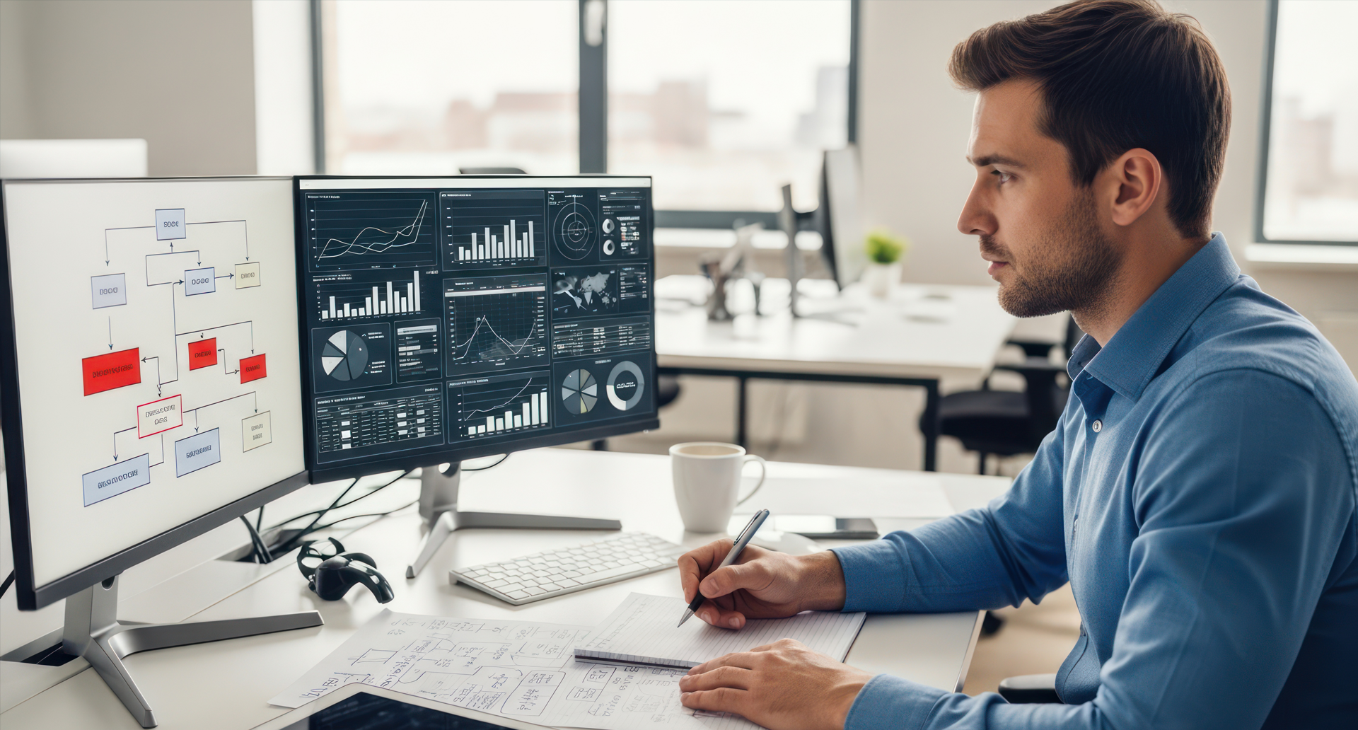 Governance e Perimetri di Autonomia nell’Architettura IT AI Agents Architettura IT AI Agents – professionista che analizza flowchart decisionale e dashboard di controllo su doppio monitor in ufficio