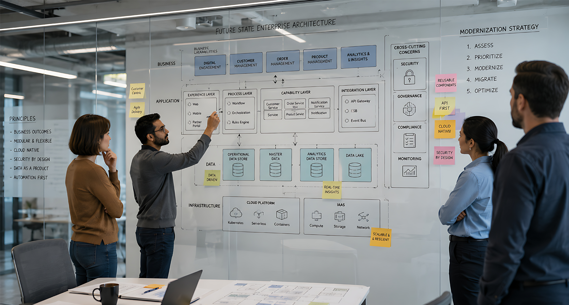 Architettura IT AI Agents – dal Pilot alla Produzione Senza Sorprese Architettura IT AI Agents – team tecnico che pianifica enterprise architecture e strategia di modernizzazione su lavagna