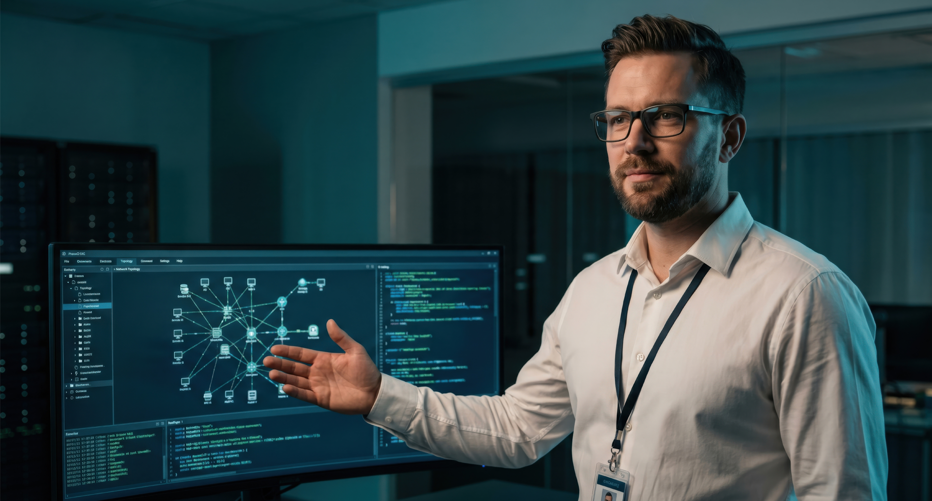 Orchestrazione e Integrazione Dati nell’Architettura IT AI Agents Architettura IT AI Agents – professionista che illustra topologia di rete e flussi di integrazione su monitor in data center