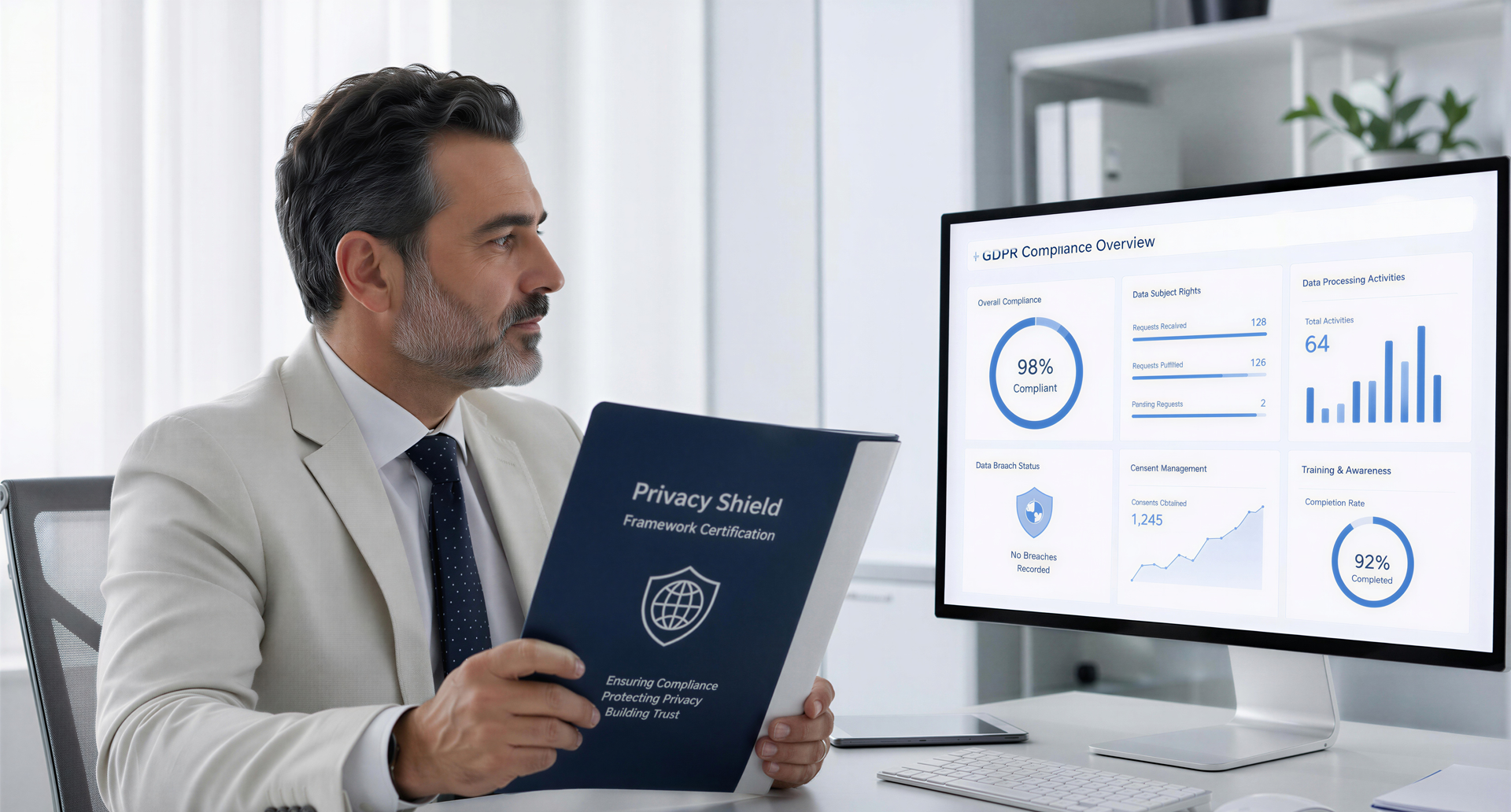 Compliance e Zero Trust – un Legame Sempre più Stretto Cybersecurity Zero Trust – professionista che esamina dashboard di compliance GDPR e certificazione privacy in ufficio