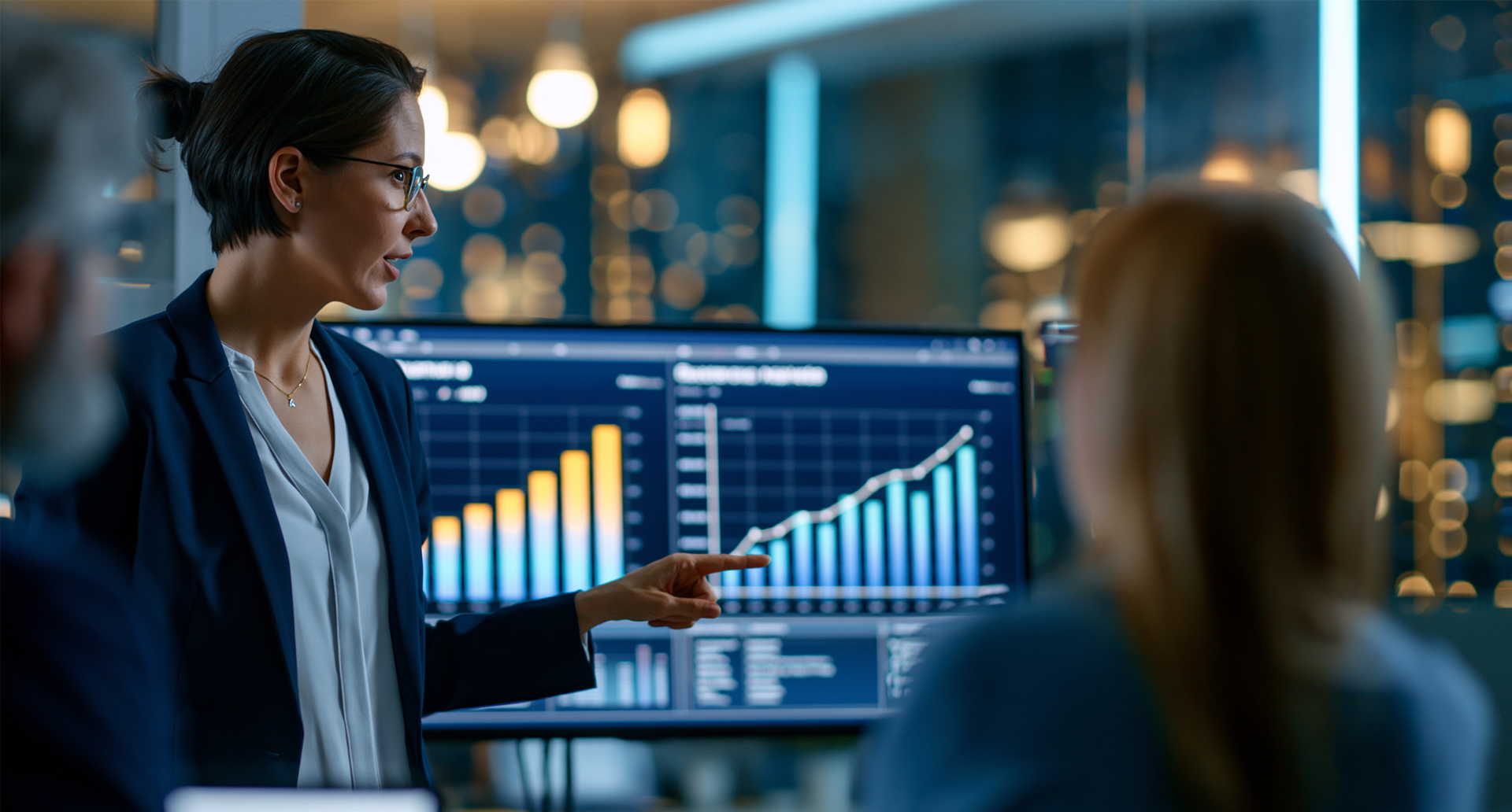 SEO CRO performance marketing – analista che presenta dashboard di crescita e performance pubblicitaria a team aziendale