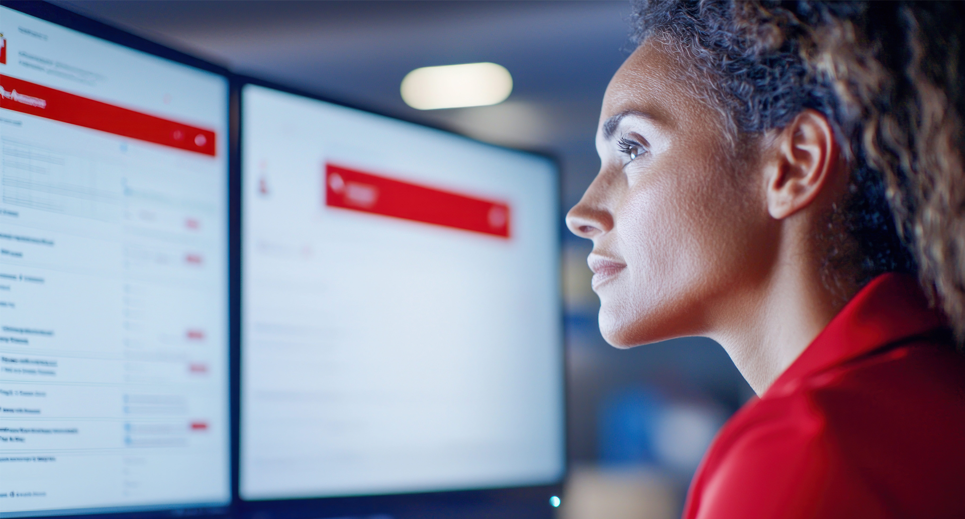 Silos applicativi ERP CRM WMS – dipendente che verifica dati su doppio monitor durante riconciliazione manuale in ufficio