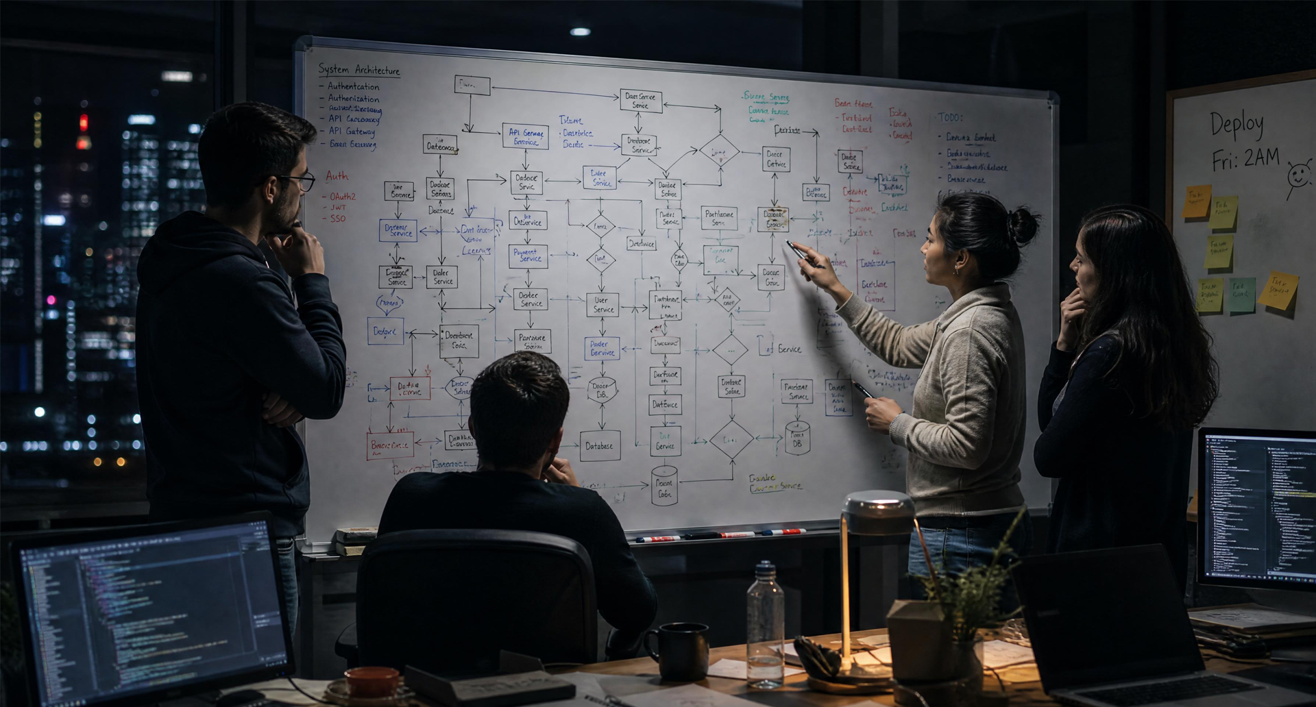 Come Eliminare i Silos Applicativi Senza Fermare l’Operatività Silos applicativi ERP CRM WMS – team IT che pianifica integrazione tra sistemi su lavagna con architettura di sistema