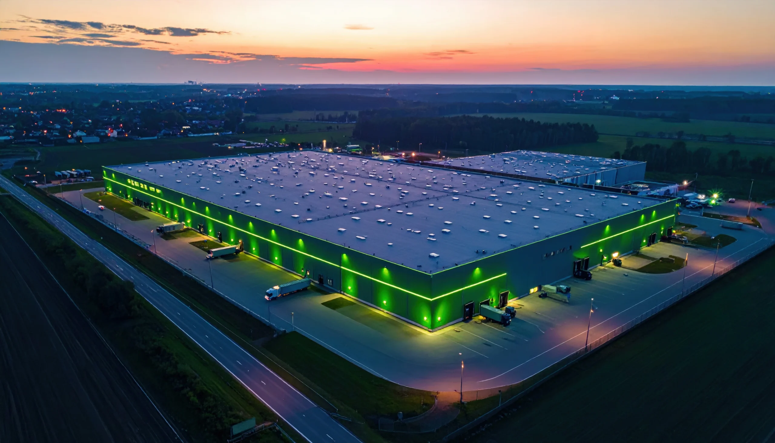 Vista aerea di stabilimento enterprise ALEN, infrastruttura logistica su larga scala al tramonto